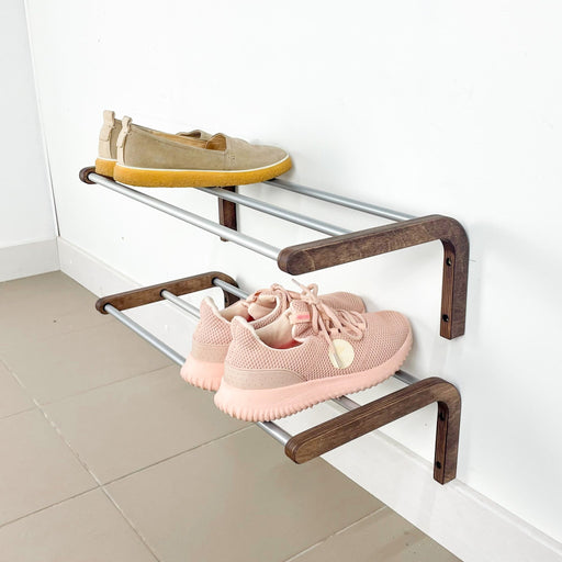 1-Tier Wooden Shoe Rack for Wall, Walnut Finish & Silver Rods - Image 1