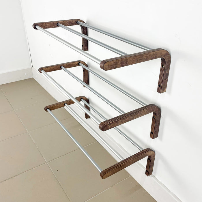 1-Tier Wooden Shoe Rack for Wall, Walnut Finish & Silver Rods - Image 5