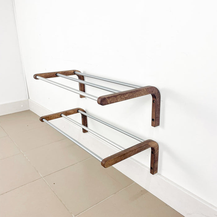 1-Tier Wooden Shoe Rack for Wall, Walnut Finish & Silver Rods - Image 6