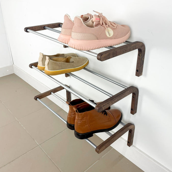 1-Tier Wooden Shoe Rack for Wall, Walnut Finish & Silver Rods - Image 4