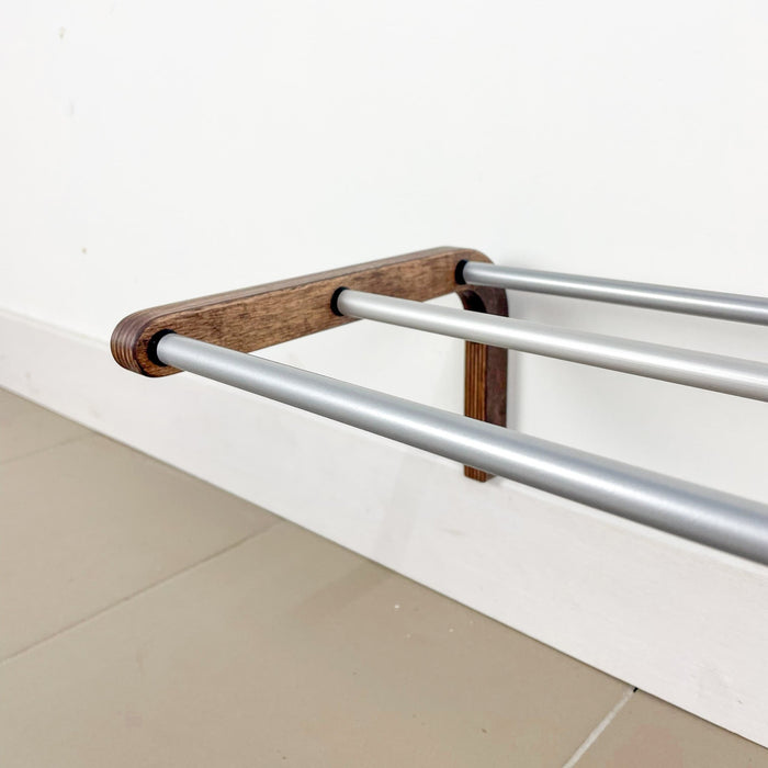 1-Tier Wooden Shoe Rack for Wall, Walnut Finish & Silver Rods - Image 8