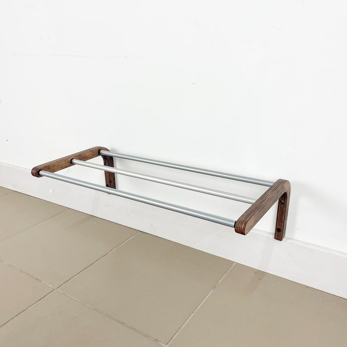 1-Tier Wooden Shoe Rack for Wall, Walnut Finish & Silver Rods - Image 3