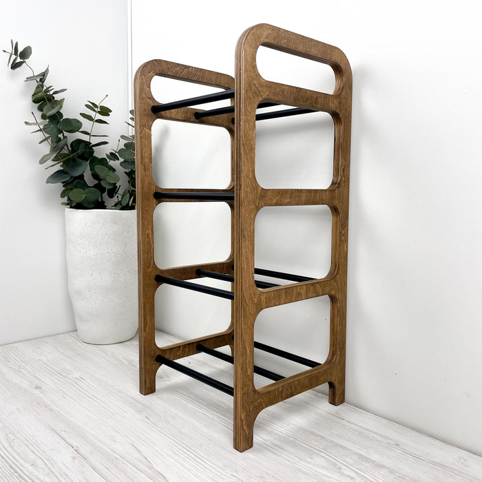 4-Tier Vertical Shoe Rack | Walnut + Black Rods