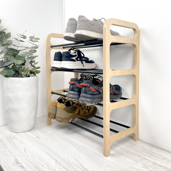 4-Tier Vertical Shoe Rack | Natural + Black Rods
