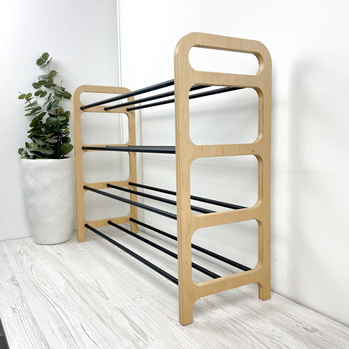 4-Tier Vertical Shoe Rack | Natural + Black Rods