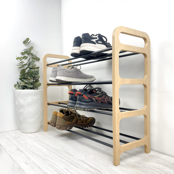4-Tier Vertical Shoe Rack | Natural + Black Rods