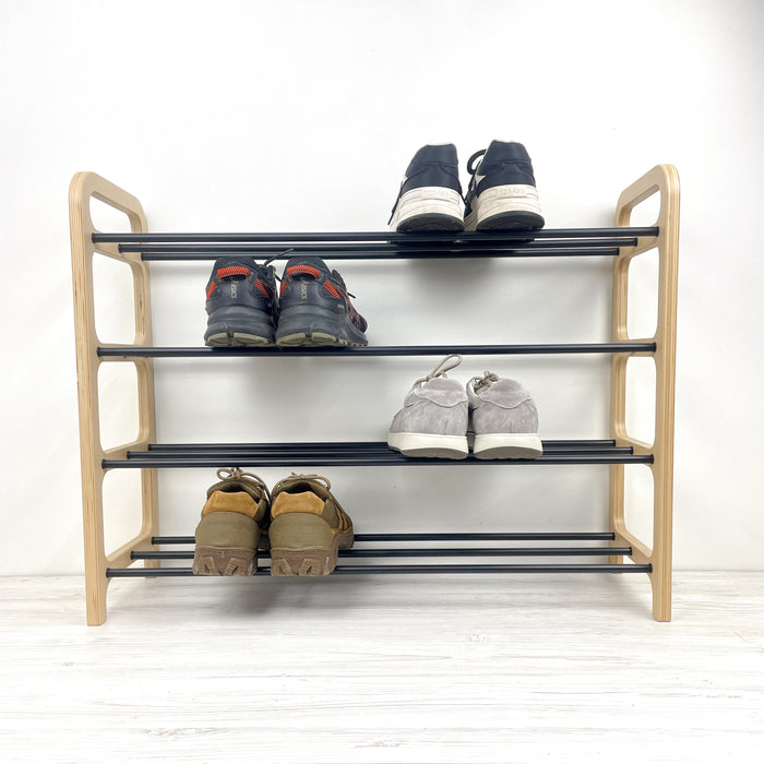4-Tier Vertical Shoe Rack | Natural + Black Rods