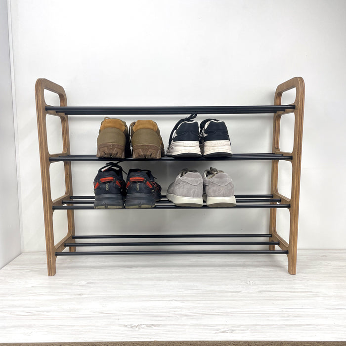 4-Tier Vertical Shoe Rack | Walnut + Black Rods