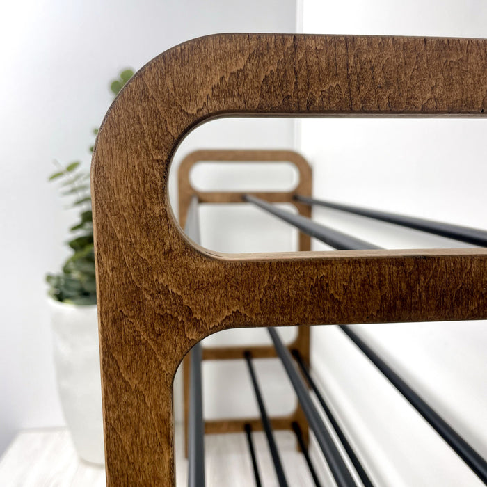 4-Tier Vertical Shoe Rack | Walnut + Black Rods