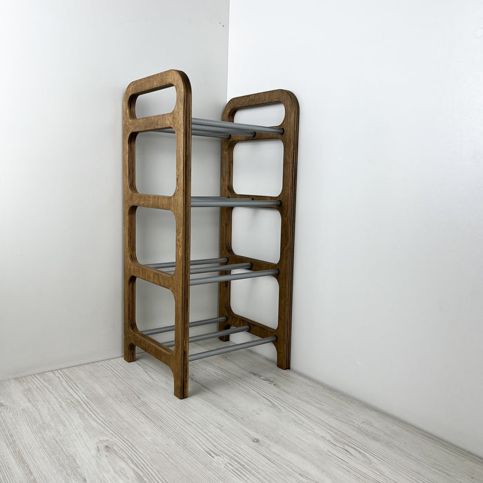 4-Tier Vertical Shoe Rack | Walnut + Silver Rods
