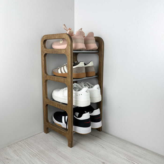 4-Tier Vertical Shoe Rack | Walnut + Silver Rods