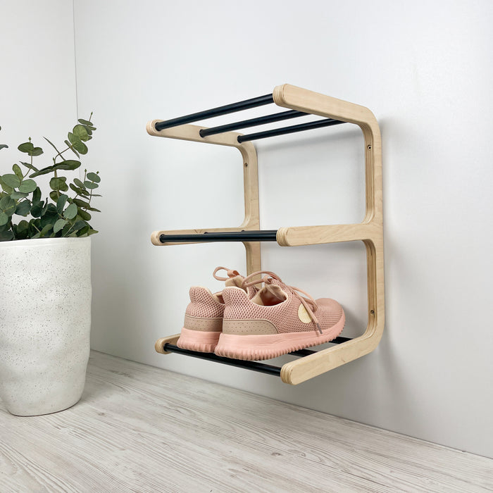 Birch Wood Wall-Mounted Shoe Rack – Stylish 3-Tier Organizer