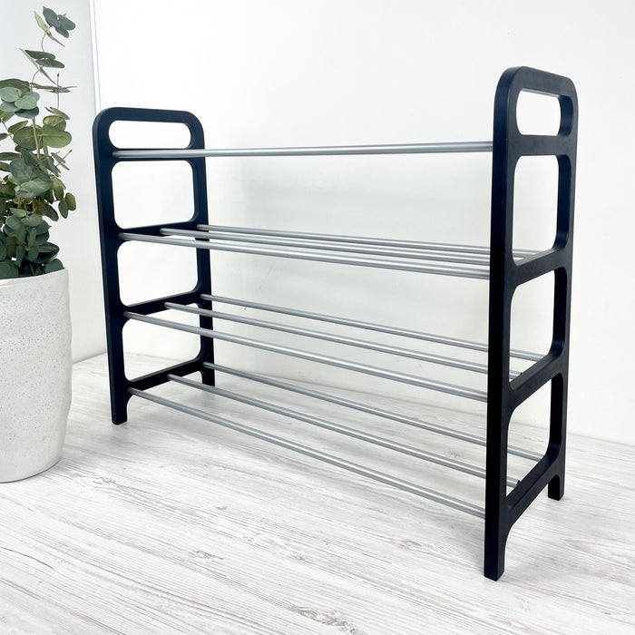 4-Tier Vertical Shoe Rack | Black + Silver Rods