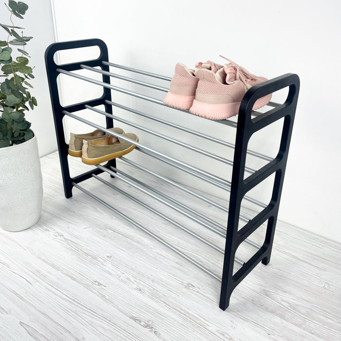 4-Tier Vertical Shoe Rack | Black + Silver Rods