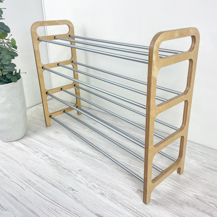 4-Tier Vertical Shoe Rack | Natural + Silver Rods