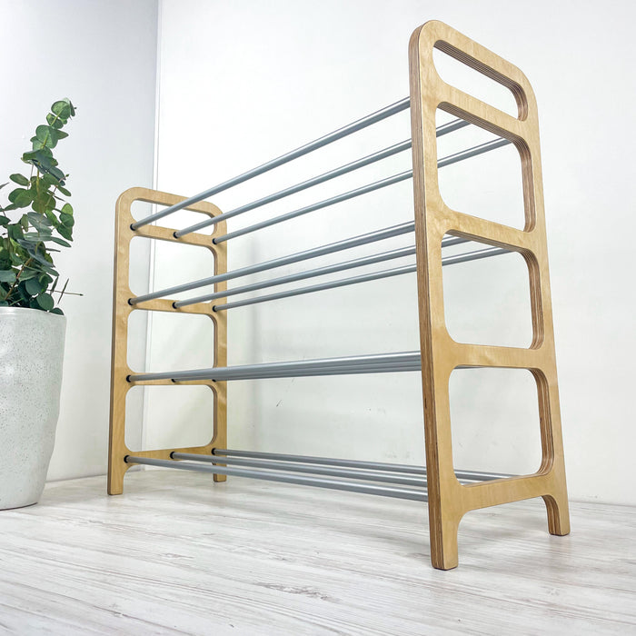 4-Tier Vertical Shoe Rack | Natural + Silver Rods