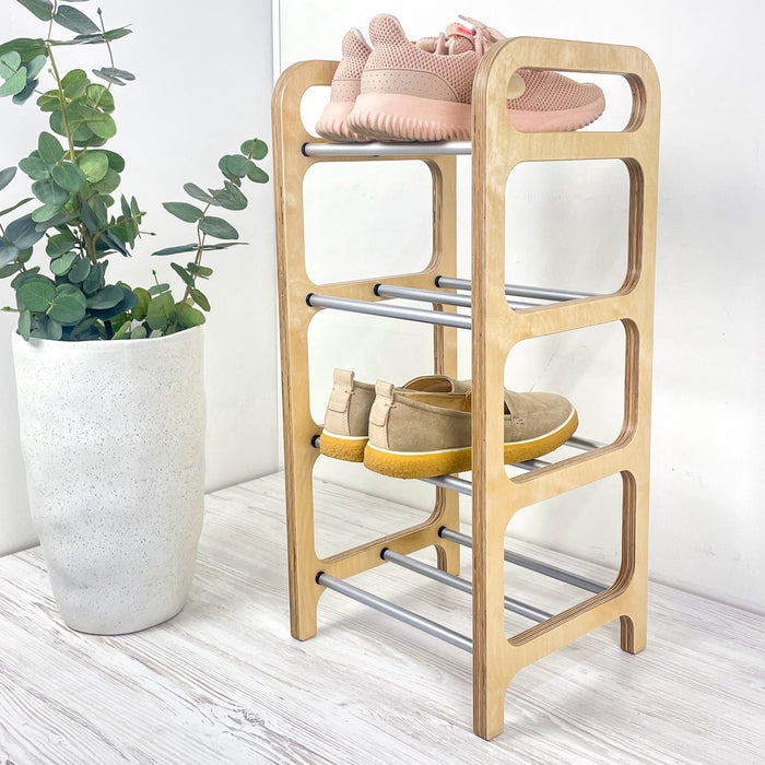 4-Tier Vertical Shoe Rack | Natural + Silver Rods
