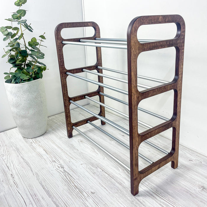 4-Tier Vertical Shoe Rack | Walnut + Silver Rods