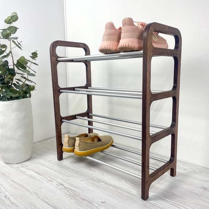 4-Tier Vertical Shoe Rack | Walnut + Silver Rods