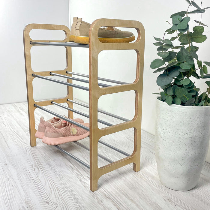 4-Tier Vertical Shoe Rack | Natural + Silver Rods