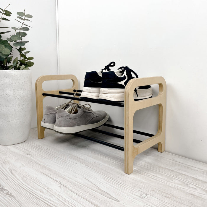 2 Tier Wood Shoe Shelf for Floor | Natural + Black Rods - Image 3