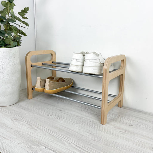 2 - Tier Wooden Shoe Rack | Floor Organizer with Silver Rods - Image 1