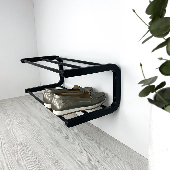 2 Tier Wooden Shoe Rack for Wall | Black + Black Rods - Image 6