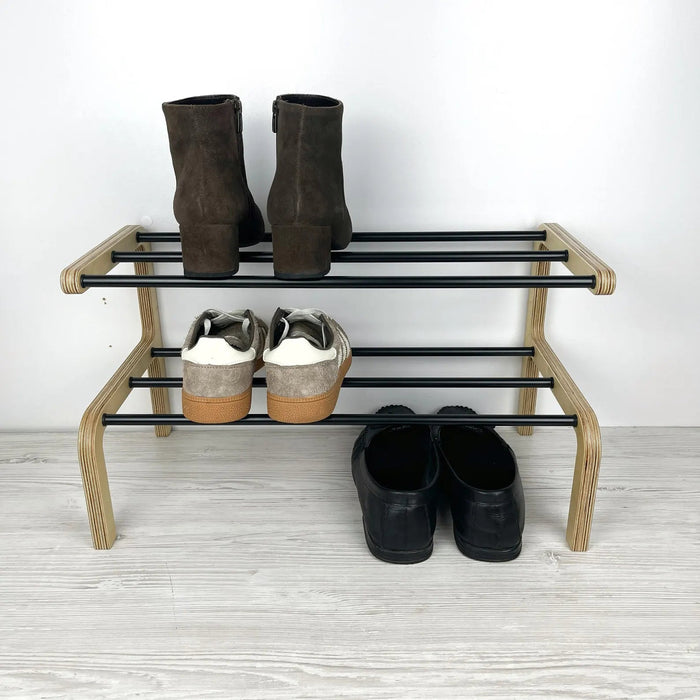 Unique Shoe Rack Rods 2 Tier Small Wooden Shoe Rack | Natural + Black Rods