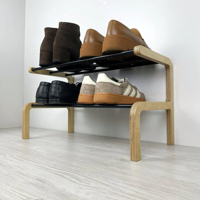 Unique Shoe Rack Rods 2 Tier Small Wooden Shoe Rack | Natural + Black Rods