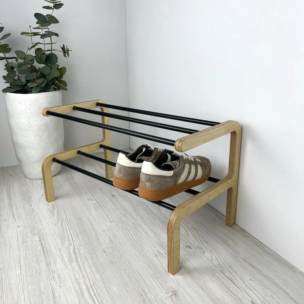 Unique Shoe Rack Rods 2 Tier Small Wooden Shoe Rack | Natural + Black Rods