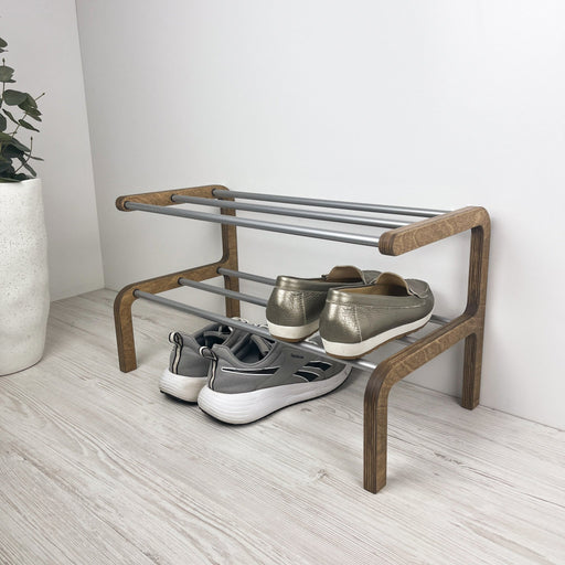 2-Tier Wooden Shoe Rack, Walnut Finish & Silver Rods - Image 2
