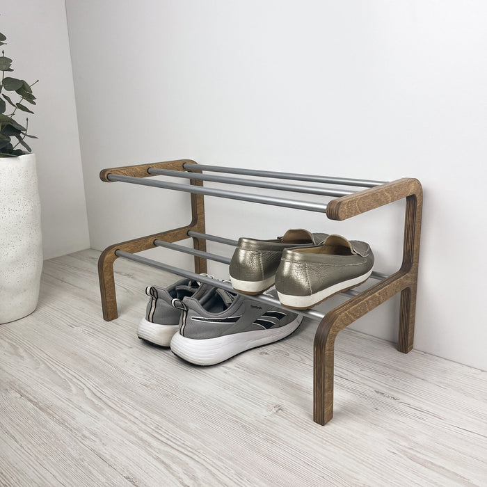 2-Tier Wooden Shoe Rack, Walnut Finish & Silver Rods - Image 2