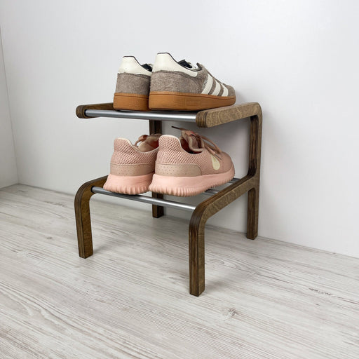 2-Tier Wooden Shoe Rack, Walnut Finish & Silver Rods - Image 1