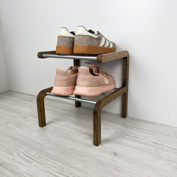 2-Tier Wooden Shoe Rack, Walnut Finish & Silver Rods - Image 1
