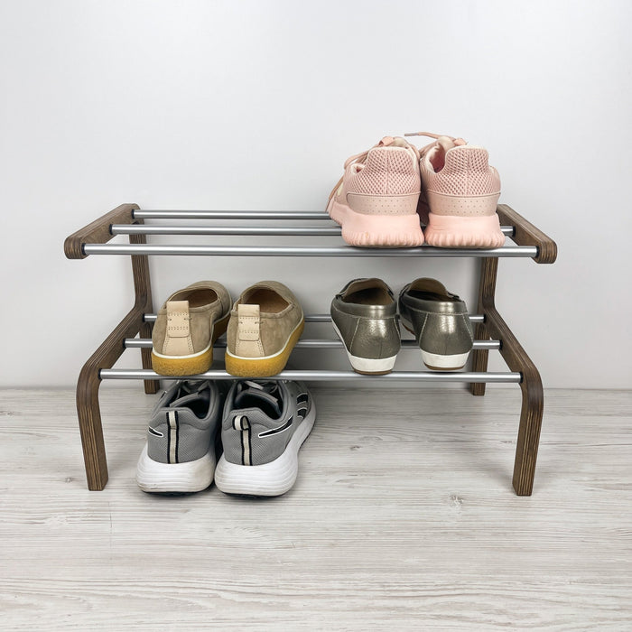 2-Tier Wooden Shoe Rack, Walnut Finish & Silver Rods - Image 6
