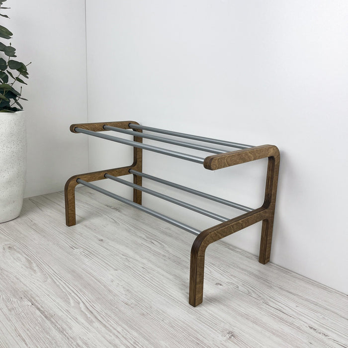 2-Tier Wooden Shoe Rack, Walnut Finish & Silver Rods - Image 3