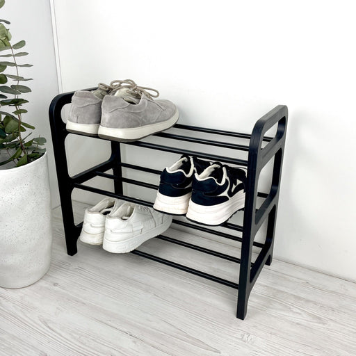 3 Tier Wood Shoe Rack for Floor | Black + Black Rods - Image 1