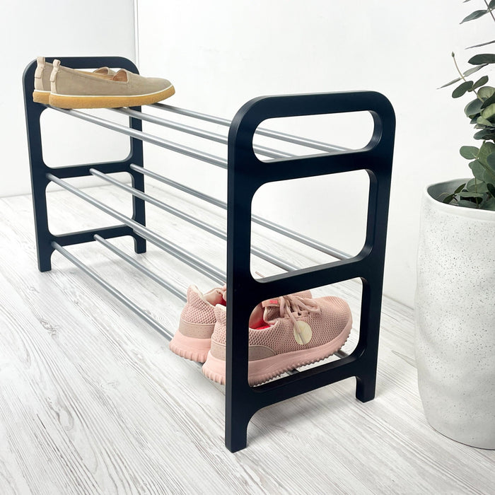 3 Tier Wood Shoe Rack for Floor | Black + Silver Rods - Image 4