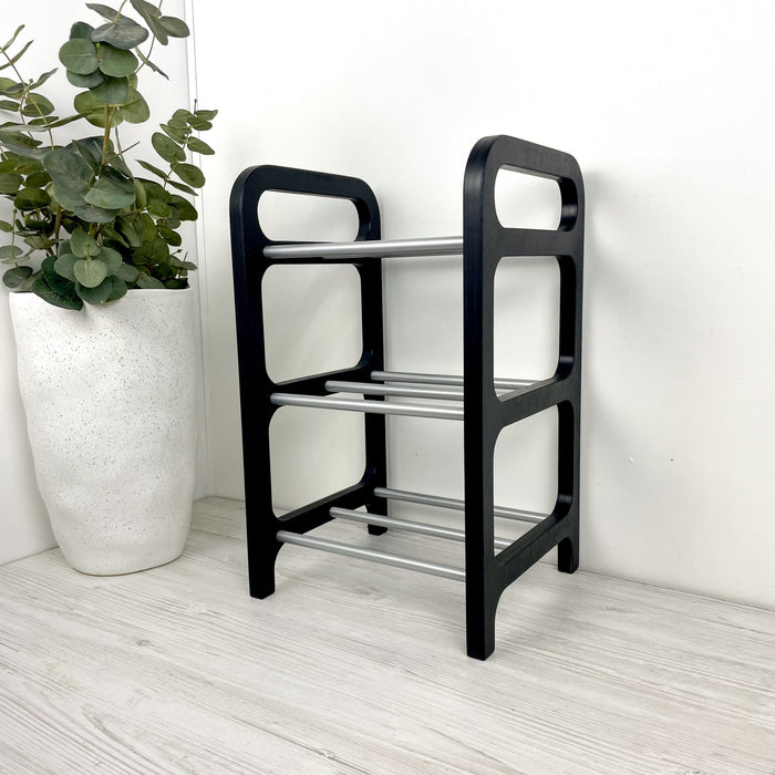 3 Tier Wood Shoe Rack for Floor | Black + Silver Rods - Image 6