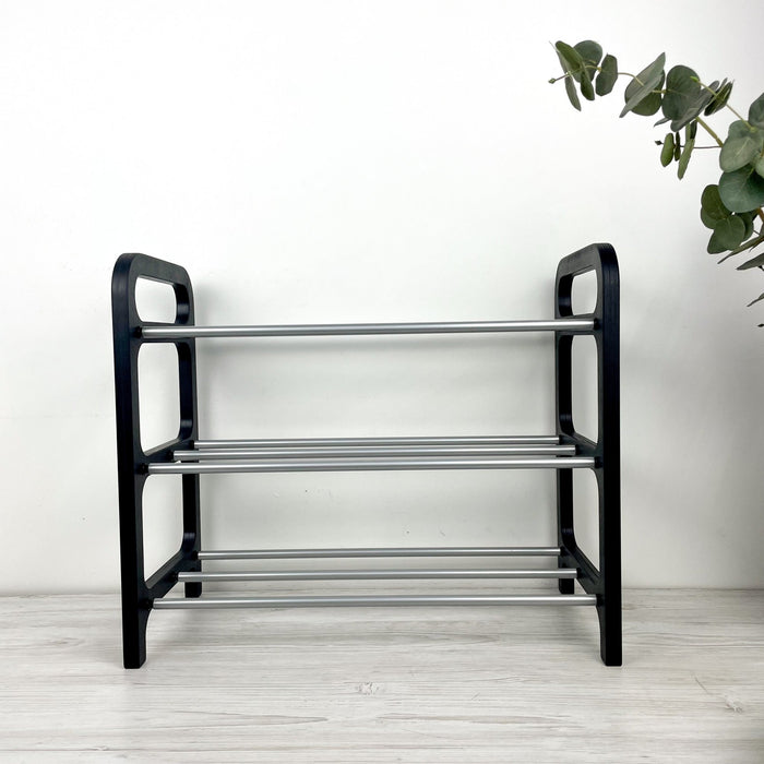 3 Tier Wood Shoe Rack for Floor | Black + Silver Rods - Image 5