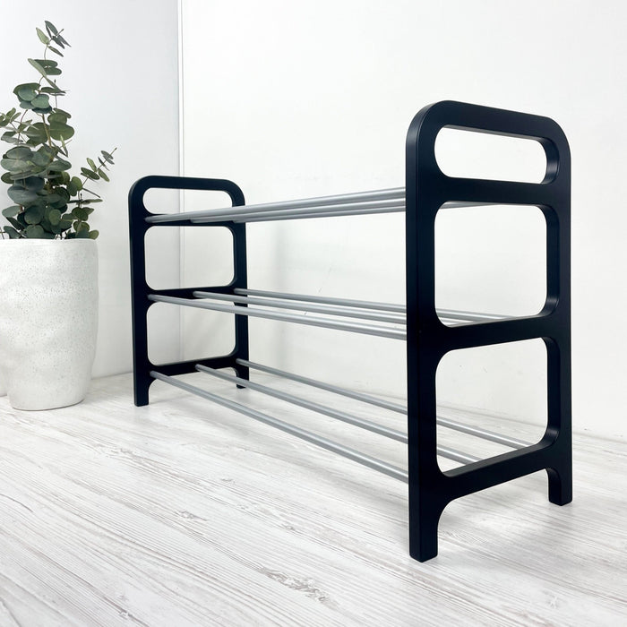3 Tier Wood Shoe Rack for Floor | Black + Silver Rods - Image 3