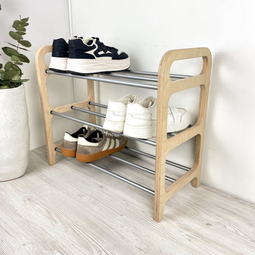 3 Tier Wood Shoe Rack for Floor | Natural + Silver Rods - Image 1