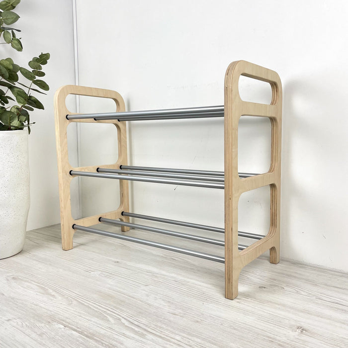 3 Tier Wood Shoe Rack for Floor | Natural + Silver Rods - Image 7