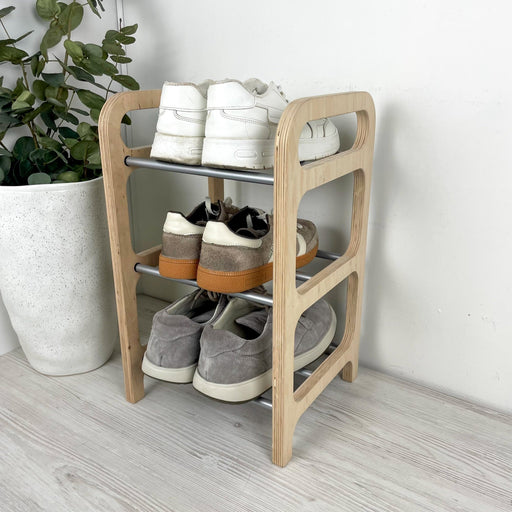 3 Tier Wood Shoe Rack for Floor | Natural + Silver Rods - Image 2
