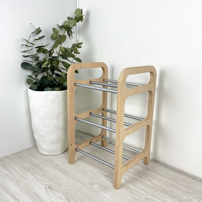 3 Tier Wood Shoe Rack for Floor | Natural + Silver Rods - Image 6