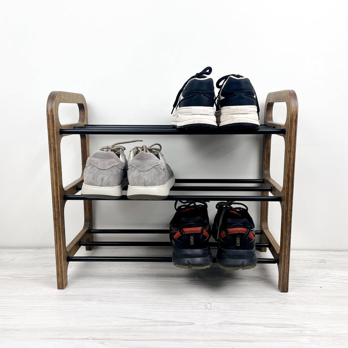 3 Tier Wood Shoe Rack for Floor | Walnut + Black Rods - Image 1