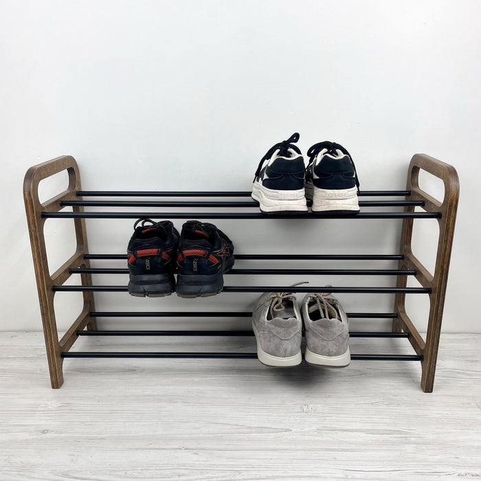 3 Tier Wood Shoe Rack for Floor | Walnut + Black Rods - Image 3