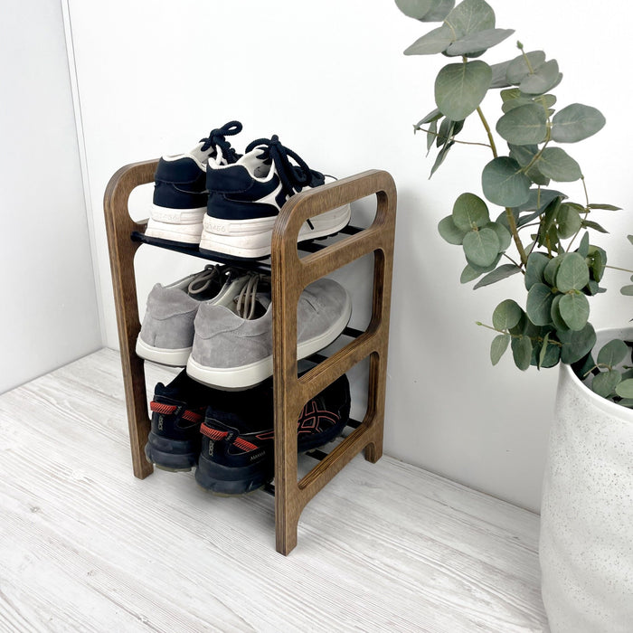 3 Tier Wood Shoe Rack for Floor | Walnut + Black Rods - Image 5