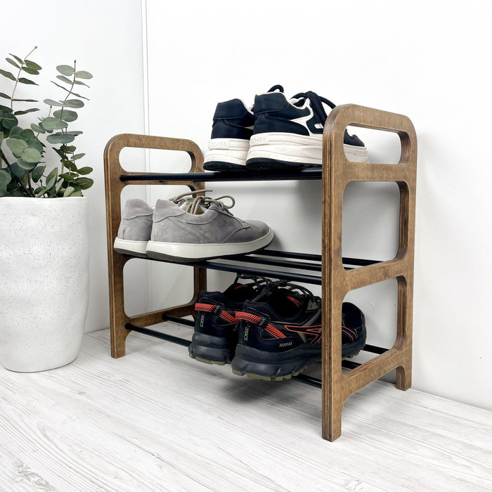 3 Tier Wood Shoe Rack for Floor | Walnut + Black Rods - Image 4