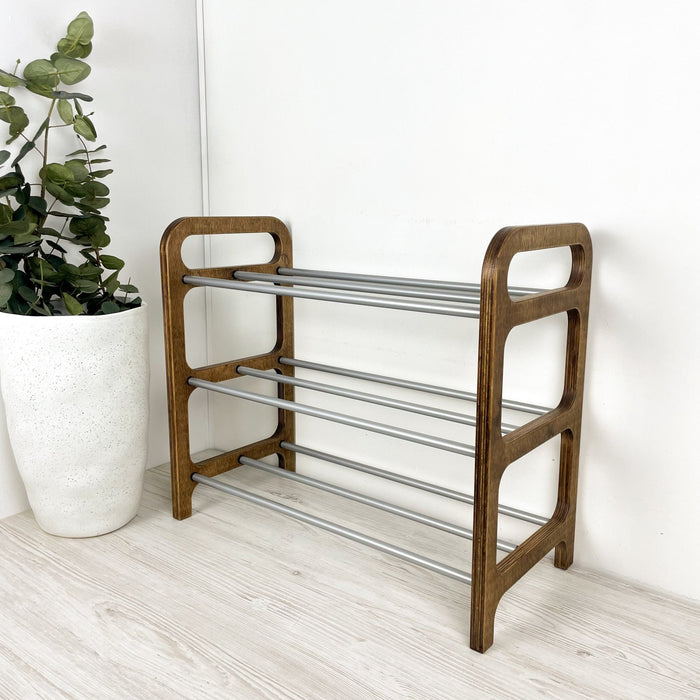 3 Tier Wood Shoe Rack for Floor | Walnut + Silver Rods - Image 4